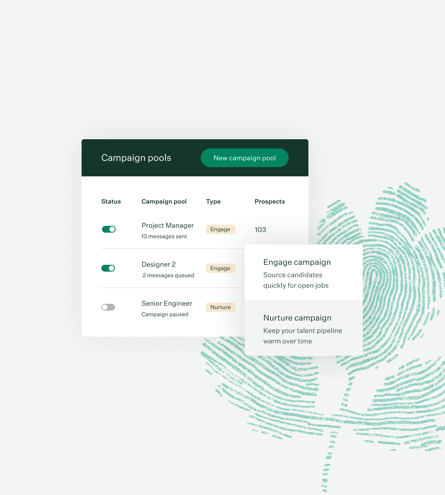 Collage of Campaigin pools ui and fingerprint leaf